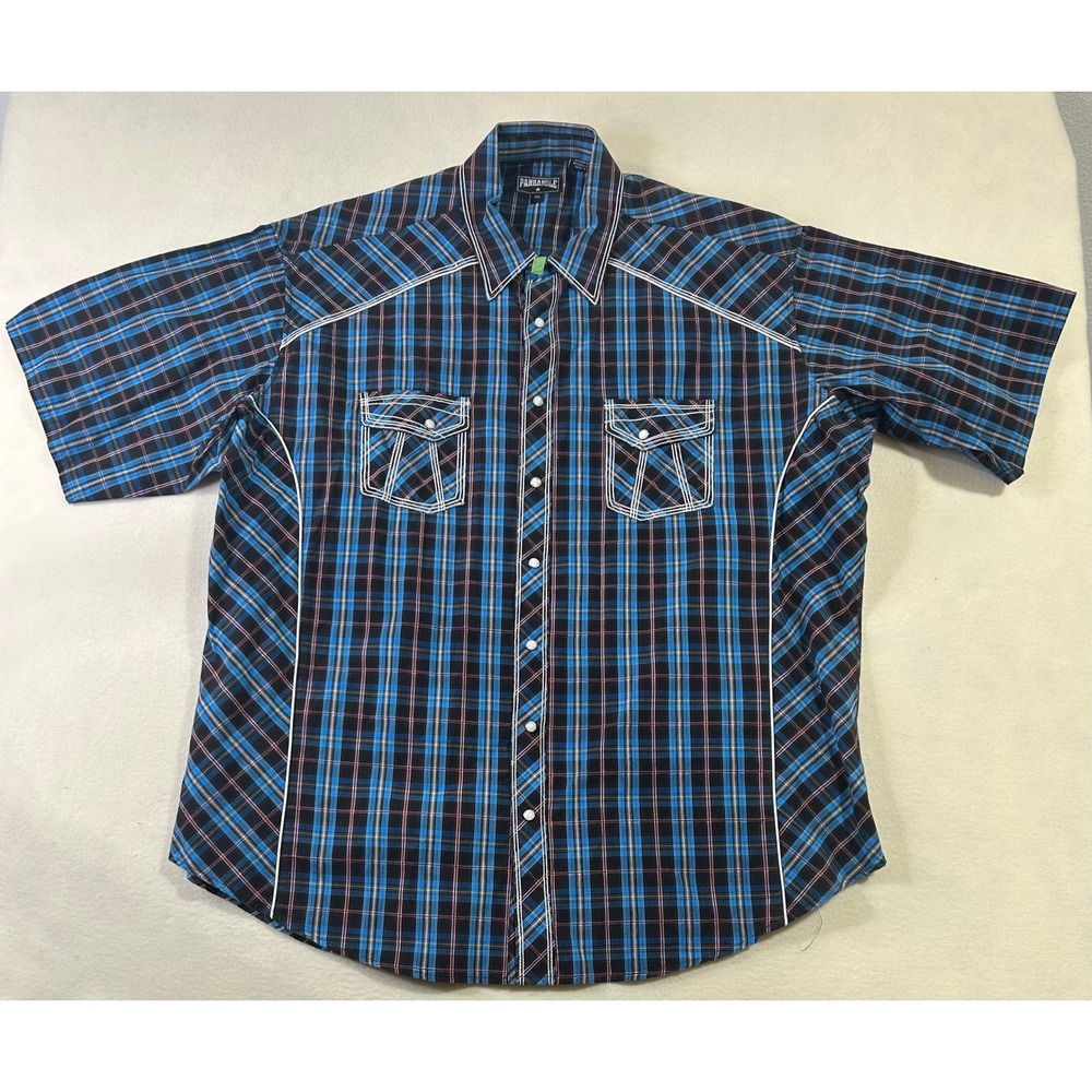 Panhandle Slim Mens XXL Blue Black Plaid Pearl Snap Western Shirt Short Sleeve